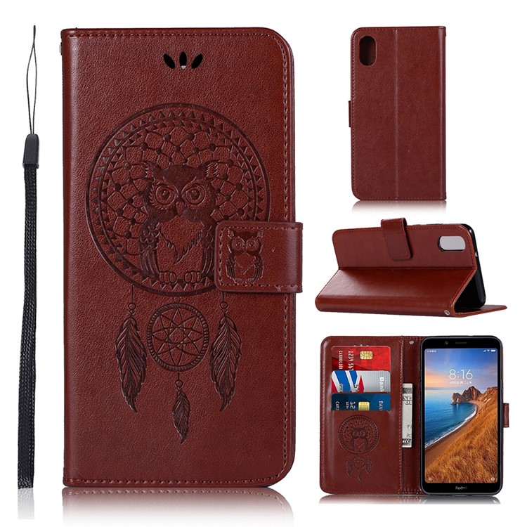 Imprint Dream Catcher Owl Leather Wallet Shell Cover for Xiaomi Redmi 7A - Brown-1