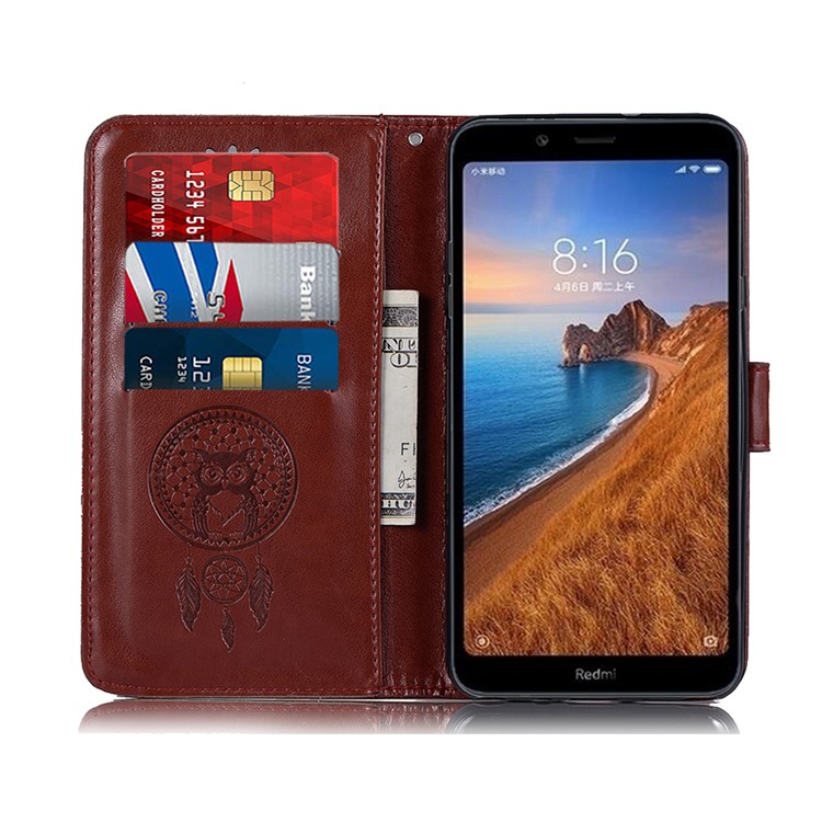 Imprint Dream Catcher Owl Leather Wallet Shell Cover for Xiaomi Redmi 7A - Brown-4