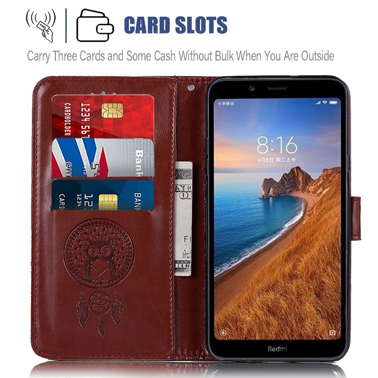 Imprint Dream Catcher Owl Leather Wallet Shell Cover for Xiaomi Redmi 7A - Brown-9