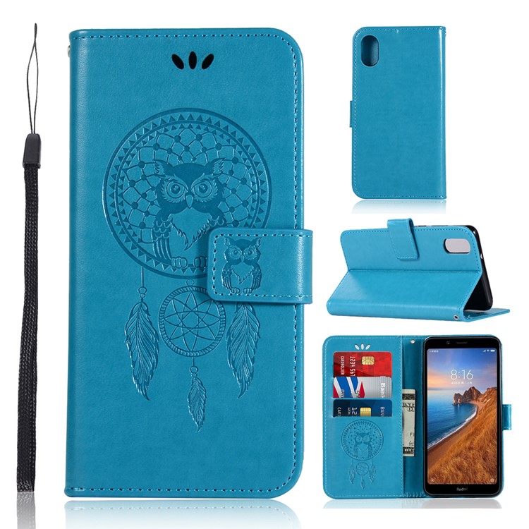 Imprint Dream Catcher Owl Leather Wallet Shell Cover for Xiaomi Redmi 7A - Blue-1