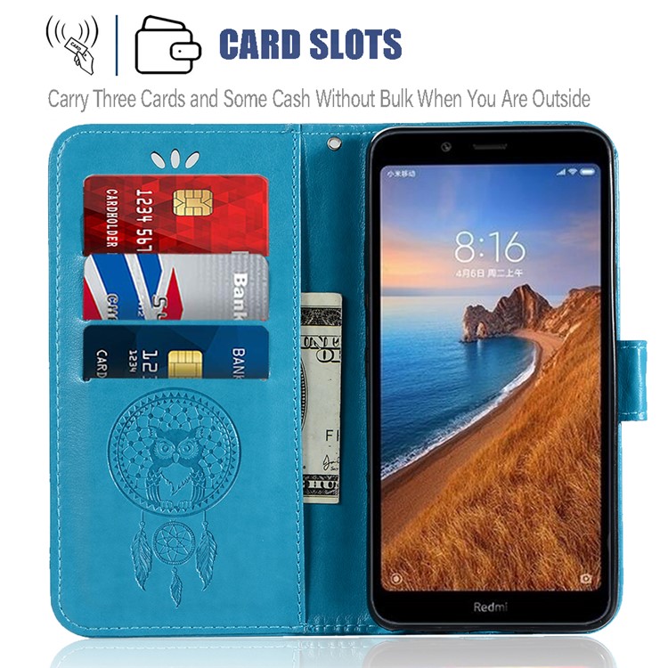 Imprint Dream Catcher Owl Leather Wallet Shell Cover for Xiaomi Redmi 7A - Blue-9