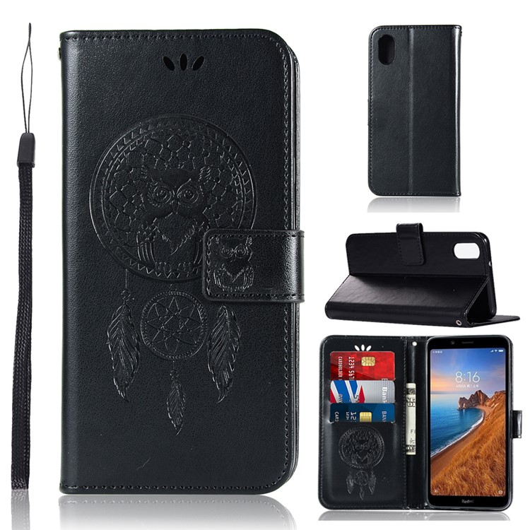Imprint Dream Catcher Owl Leather Wallet Shell Cover for Xiaomi Redmi 7A - Black-1