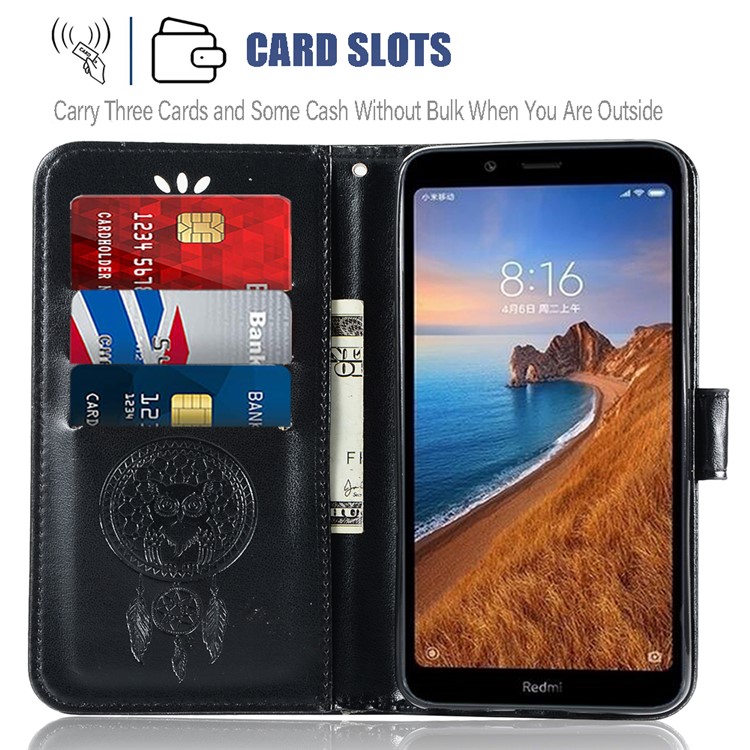 Imprint Dream Catcher Owl Leather Wallet Shell Cover for Xiaomi Redmi 7A - Black-9