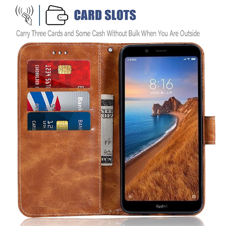 Premium Vintage Leather Wallet Case for Xiaomi Redmi 7A - Light Brown-7