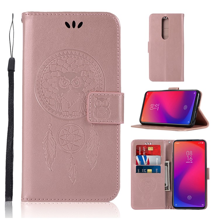 Imprint Dream Catcher Owl Leather Wallet Phone Cover for Xiaomi Redmi K20 / Redmi K20 Pro / Mi 9T / Mi 9T Pro - Rose Gold-1