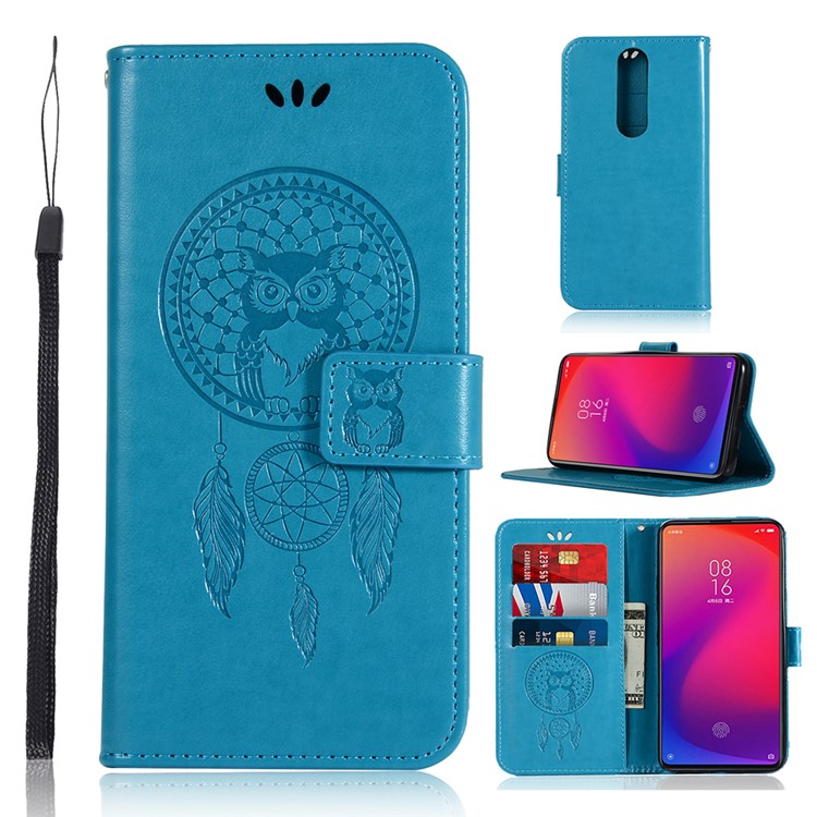 Imprint Dream Catcher Owl Leather Wallet Phone Cover for Xiaomi Redmi K20 / Redmi K20 Pro / Mi 9T / Mi 9T Pro - Blue-1