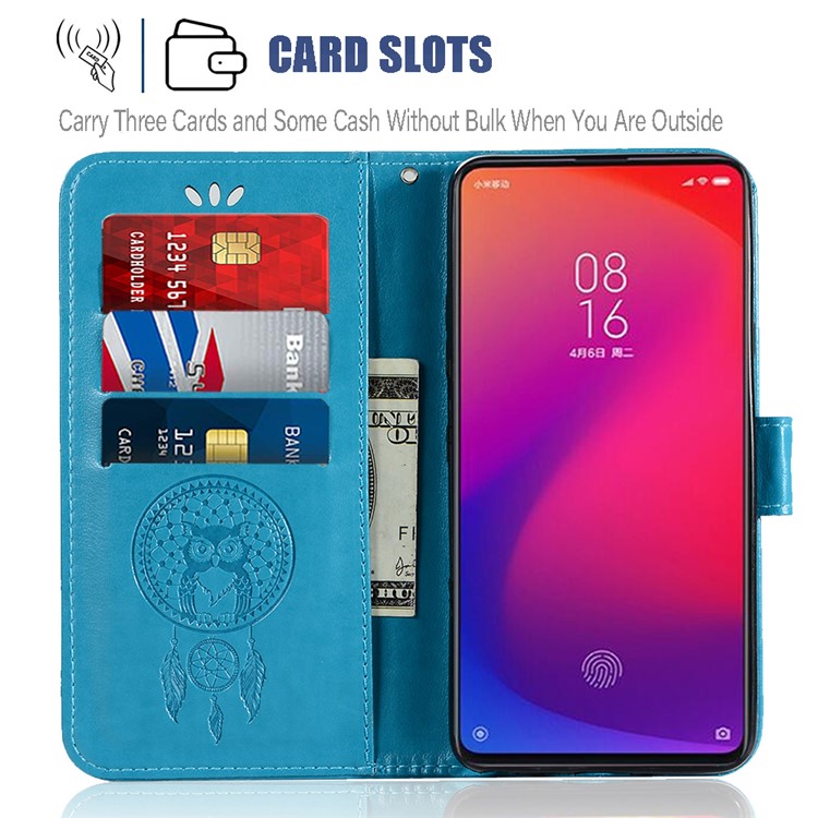 Imprint Dream Catcher Owl Leather Wallet Phone Cover for Xiaomi Redmi K20 / Redmi K20 Pro / Mi 9T / Mi 9T Pro - Blue-9