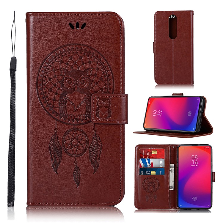 Imprint Dream Catcher Owl Leather Wallet Phone Cover for Xiaomi Redmi K20 / Redmi K20 Pro / Mi 9T / Mi 9T Pro - Brown-1