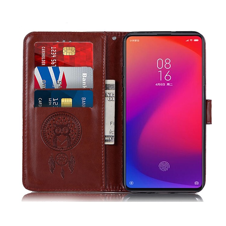 Imprint Dream Catcher Owl Leather Wallet Phone Cover for Xiaomi Redmi K20 / Redmi K20 Pro / Mi 9T / Mi 9T Pro - Brown-4