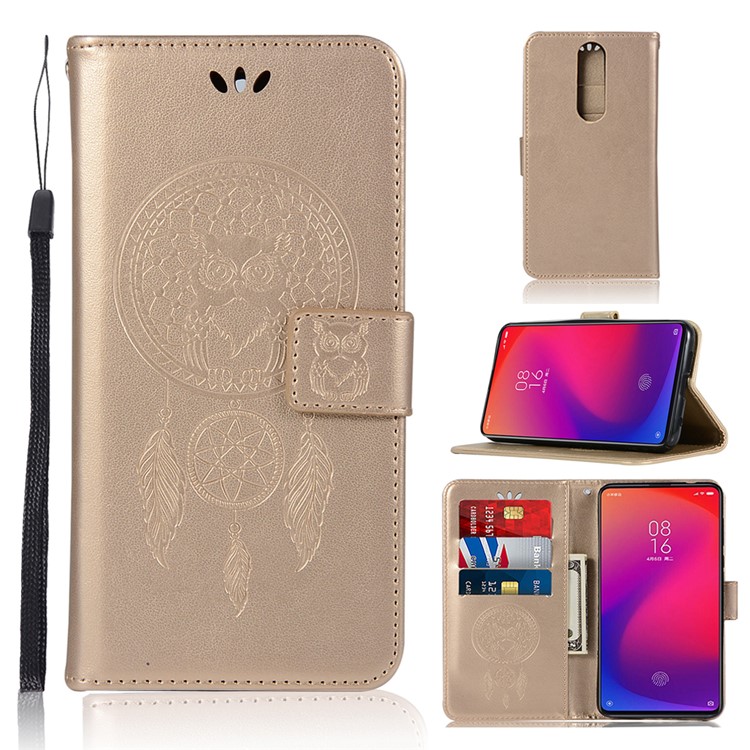 Imprint Dream Catcher Owl Leather Wallet Phone Cover for Xiaomi Redmi K20 / Redmi K20 Pro / Mi 9T / Mi 9T Pro - Gold-1