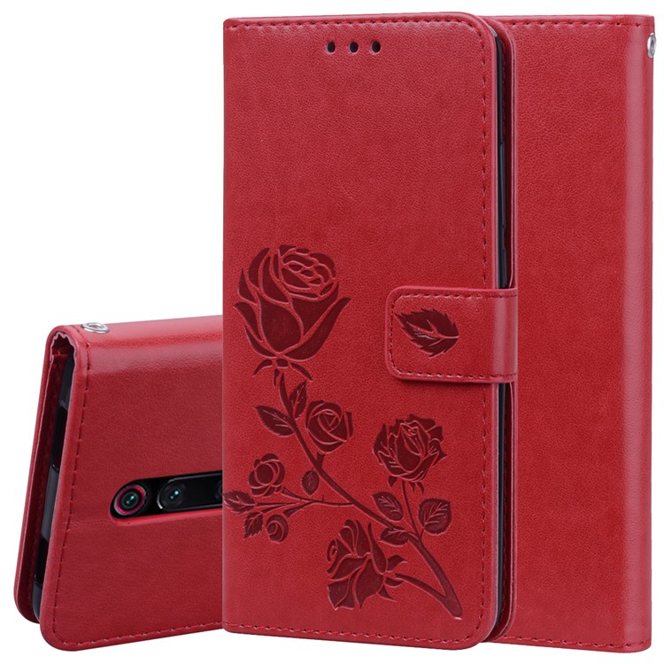 Imprinted Rose Flower Pattern Leather Wallet Shell for Xiaomi Redmi K20 / Mi 9T / Redmi K20 Pro / Mi 9T Pro - Red-1