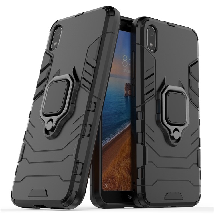 Cool Guard Ring Holder Kickstand PC TPU Hybrid Case Para Xiaomi Redmi 7a - Negro