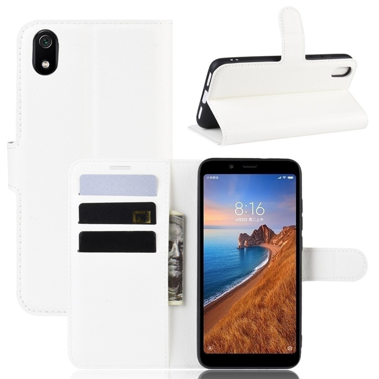 Litchi Texture Wallet PU Leather Stand Phone Casing for Xiaomi Redmi 7A - White-1