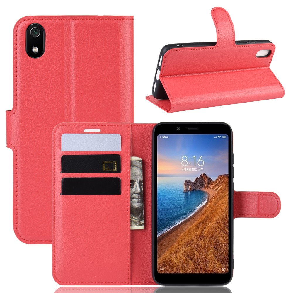 Litchi Texture Wallet PU Leather Stand Phone Casing for Xiaomi Redmi 7A - Red-1