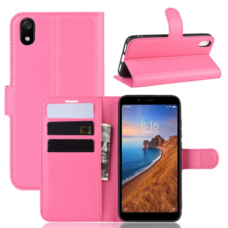 Litchi Texture Wallet PU Leather Stand Phone Casing for Xiaomi Redmi 7A - Rose-1