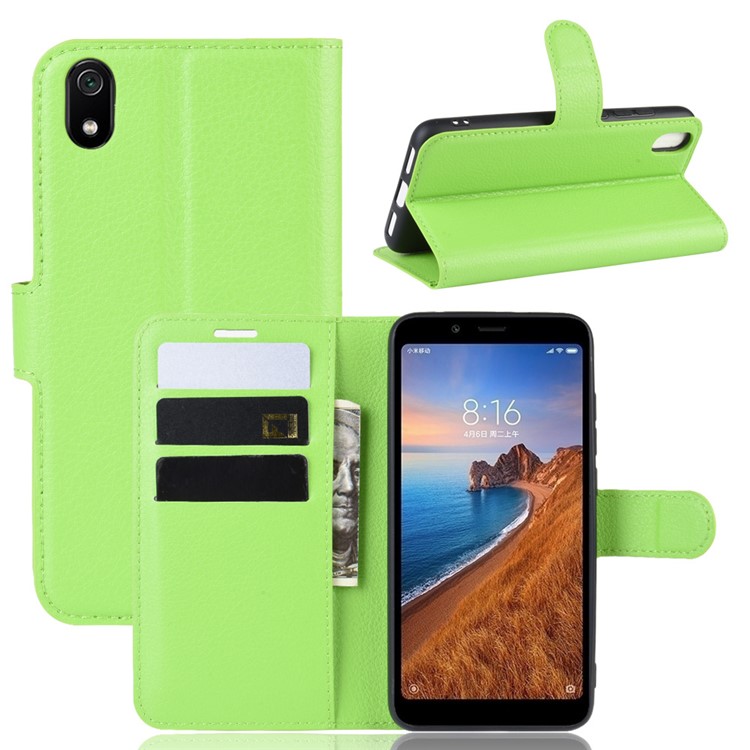 Litchi Texture Wallet PU Leather Stand Phone Casing for Xiaomi Redmi 7A - Green-1