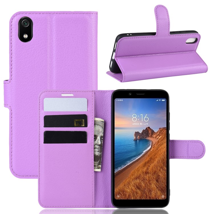 Litchi Texture Wallet PU Leather Stand Phone Casing for Xiaomi Redmi 7A - Purple-1
