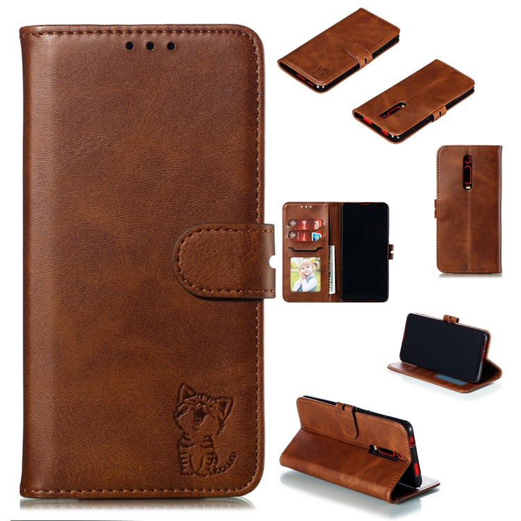 Imprinted Cat Style Leather Wallet Phone Cover for Xiaomi Redmi K20 / Mi 9T / Redmi K20 Pro / Mi 9T Pro - Dark Brown-1