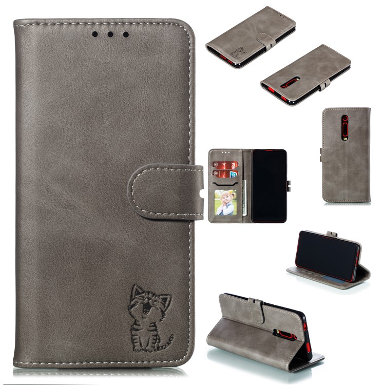 Imprinted Cat Style Leather Wallet Phone Cover for Xiaomi Redmi K20 / Mi 9T / Redmi K20 Pro / Mi 9T Pro - Grey-1