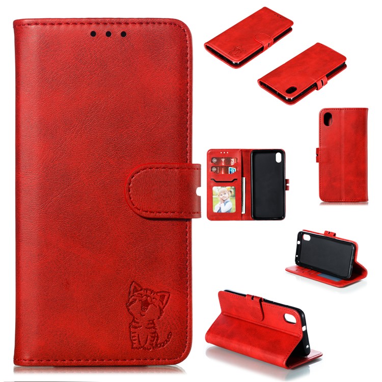 Estojo De Carteira De Couro Padrão Impresso Gato Stand Para Xiaomi Redmi 7a - Vermelho-1