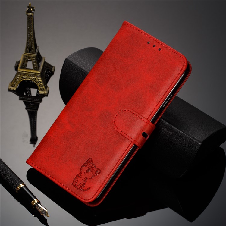 Caixa de Carteira de Couro Com Padrão de Gato Com Xiaomi Redmi 7a - Vermelho