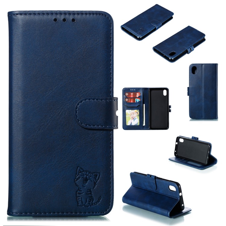 Aufgedruckte Katze Muster Leder Brieftasche Ständer Fall Für Xiaomi Redmi 7A - Blau-1