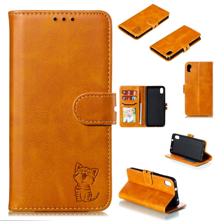 Imprinted Cat Pattern Leather Wallet Stand Case for Xiaomi Redmi 7A - Brown-1