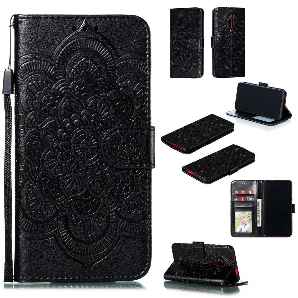 Imprint Mandala Flower Leather Wallet Case for Xiaomi Redmi K20 / Mi 9T / Redmi K20 Pro / Mi 9T Pro - Black-1