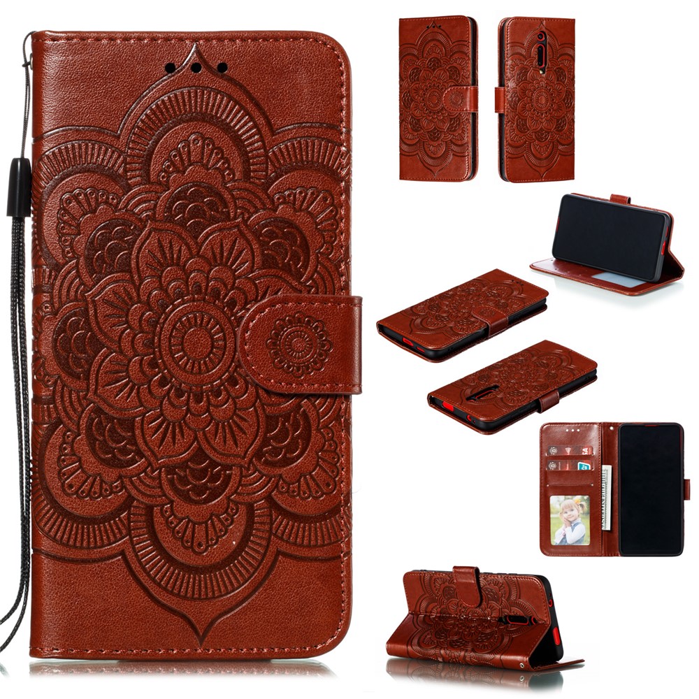 Imprint Mandala Flower Leather Wallet Case for Xiaomi Redmi K20 / Mi 9T / Redmi K20 Pro / Mi 9T Pro - Brown-1