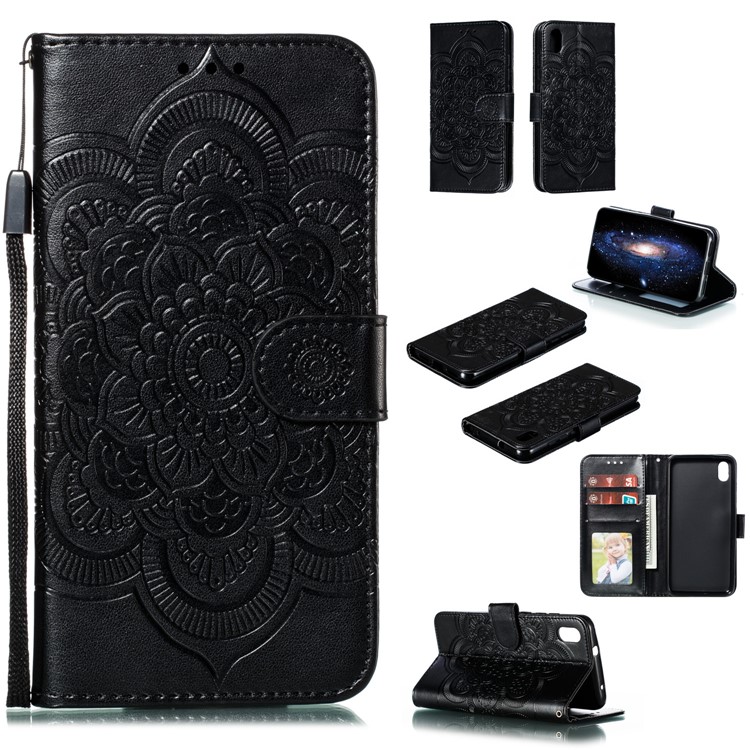 Imprint Mandala Flower Leather Wallet Stand Case for Xiaomi Redmi 7A - Black-1