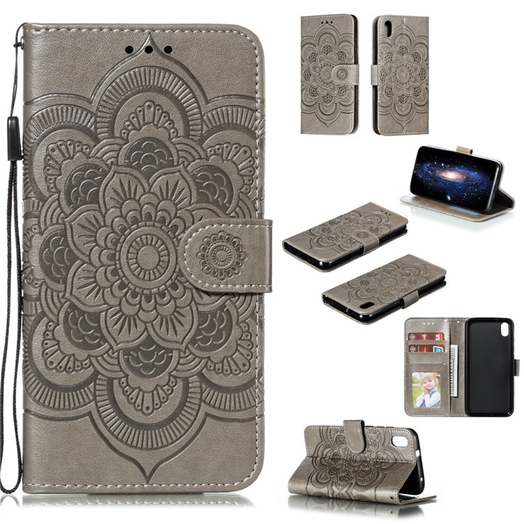 Imprint Mandala Flower Leather Wallet Stand Case for Xiaomi Redmi 7A - Grey-1