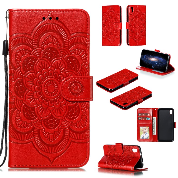 Imprint Mandala Flower Leather Wallet Stand Case for Xiaomi Redmi 7A - Red-1