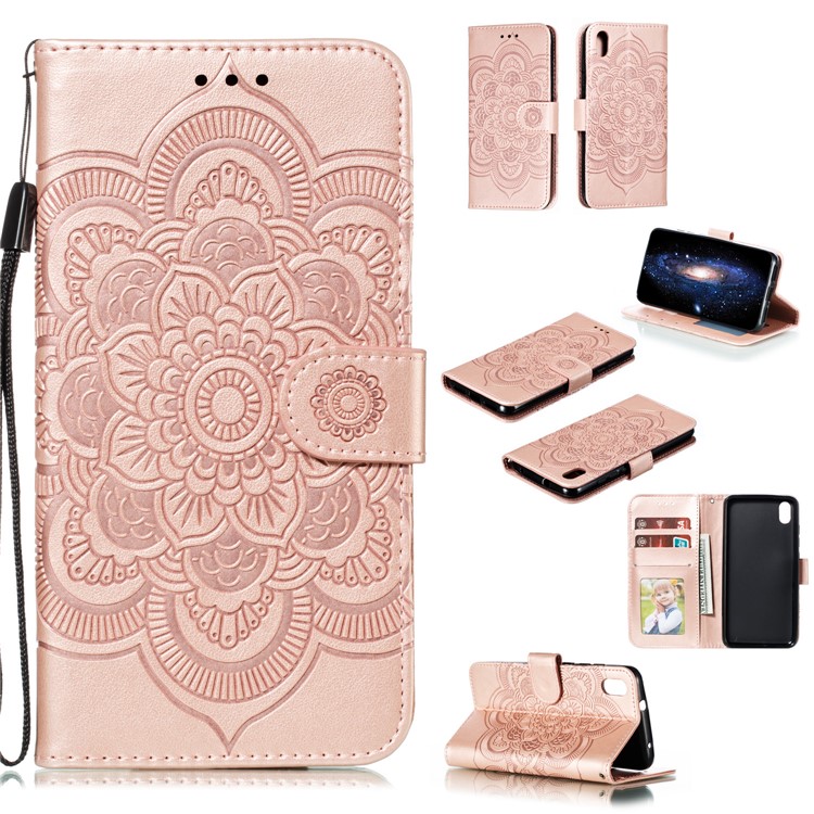 Imprint Mandala Flower Leather Wallet Stand Case for Xiaomi Redmi 7A - Rose Gold-1
