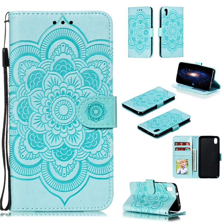 Imprint Mandala Flower Leather Wallet Stand Case for Xiaomi Redmi 7A - Cyan-1