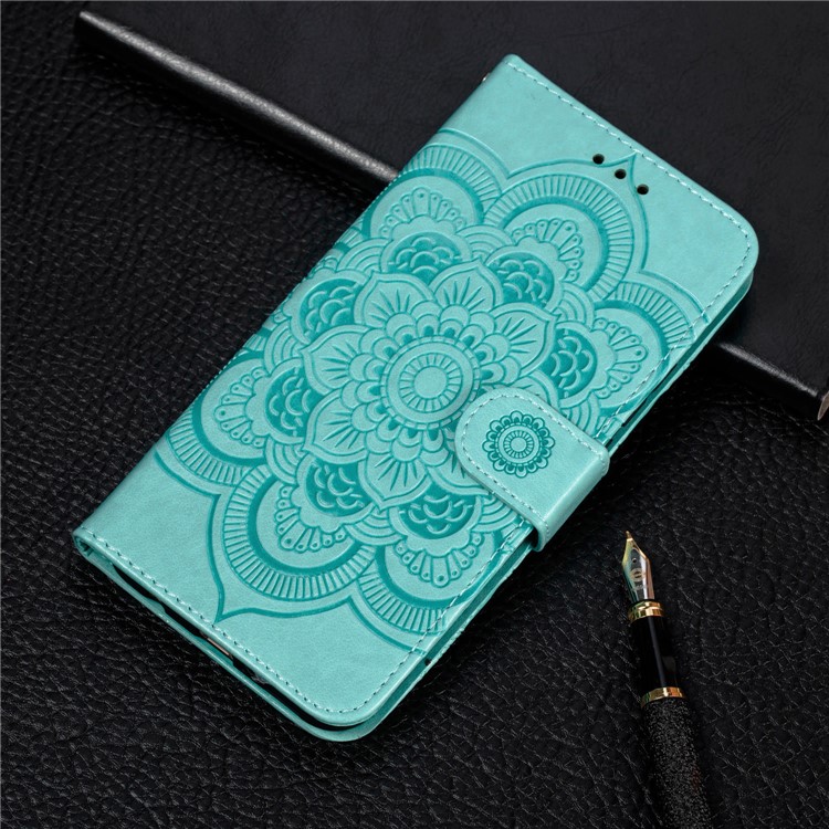 Imprint Mandala Flower Leather Wallet Stand Case for Xiaomi Redmi 7A - Cyan-11