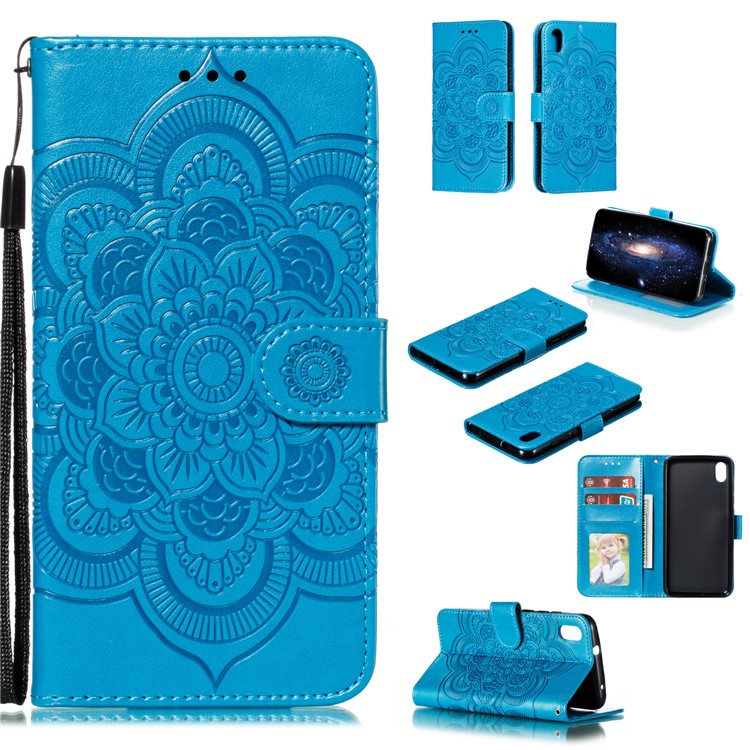Imprint Mandala Flower Leather Wallet Stand Case for Xiaomi Redmi 7A - Blue-1
