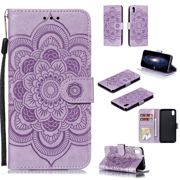 Imprint Mandala Flower Leather Wallet Stand Case for Xiaomi Redmi 7A - Purple-1