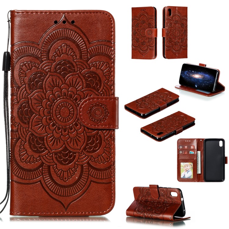 Imprint Mandala Flower Leather Wallet Stand Case for Xiaomi Redmi 7A - Brown-1