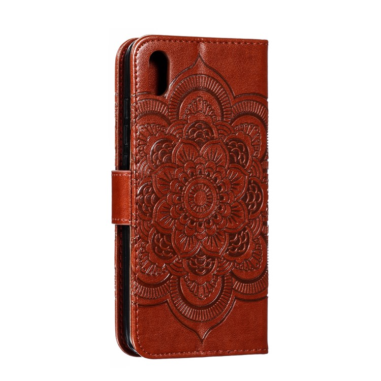 Imprint Mandala Flower Leather Wallet Stand Case for Xiaomi Redmi 7A - Brown-4