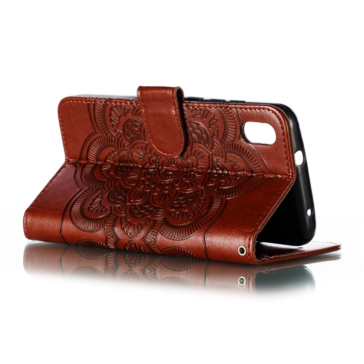 Imprint Mandala Flower Leather Wallet Stand Case for Xiaomi Redmi 7A - Brown-5