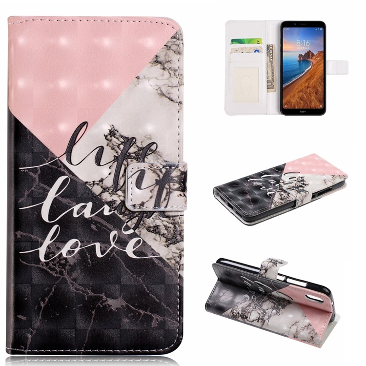 Light Spot Decor Patterned Leather Wallet Case for Xiaomi Redmi 7A - Marble Texture and Characters-1