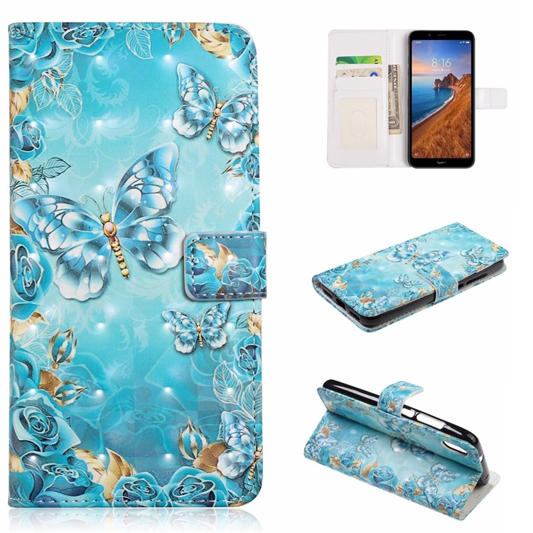 Light Spot Decor Patterned Leather Wallet Case for Xiaomi Redmi 7A - Blue Butterfly-1