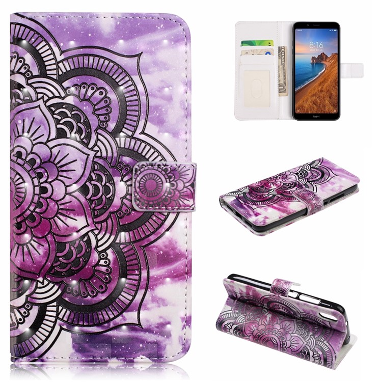 Light Spot Decor Patterned Leather Wallet Case for Xiaomi Redmi 7A - Black Flower-1