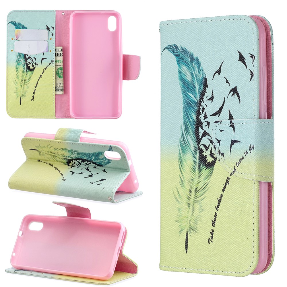 Printing Style PU Leather Flip Stand Phone Case for Xiaomi Redmi 7A - Feather Pattern-1