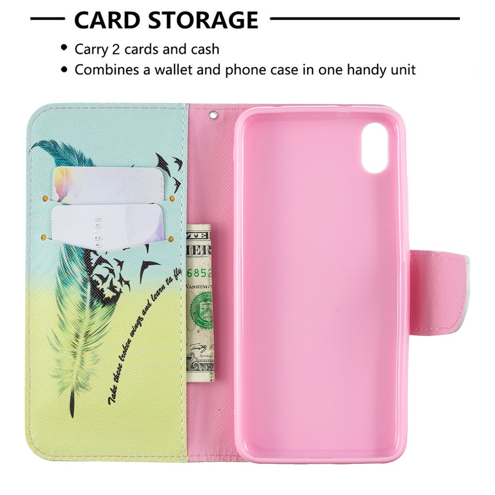Printing Style PU Leather Flip Stand Phone Case for Xiaomi Redmi 7A - Feather Pattern-6
