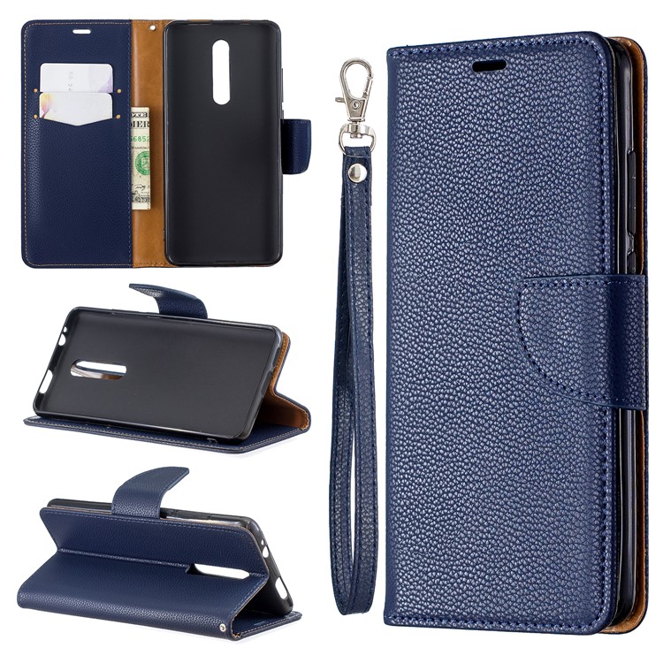 Litchi Texture Leather Wallet Stand Phone Cover with Strap for Xiaomi Redmi K20 / Mi 9T / K20 Pro / Mi 9T Pro - Dark Blue-1