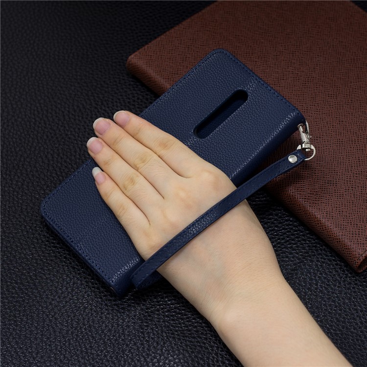 Litchi Texture Leather Wallet Stand Phone Cover with Strap for Xiaomi Redmi K20 / Mi 9T / K20 Pro / Mi 9T Pro - Dark Blue-9