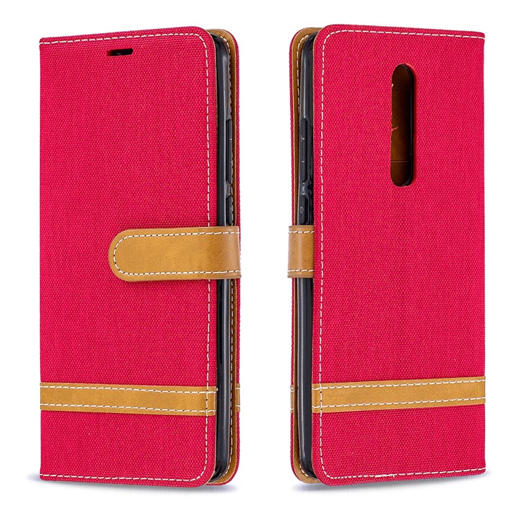 Color Splicing Jeans Cloth Skin Wallet Stand Leather Case for Xiaomi Redmi K20/Mi 9T/K20 Pro/Mi 9T Pro - Red-4