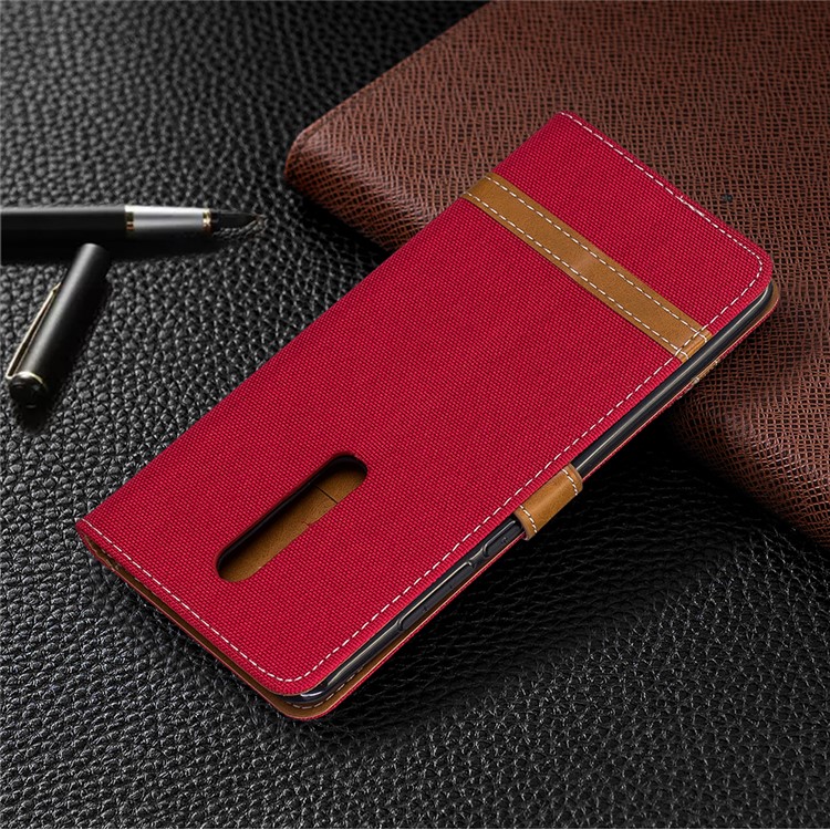 Color Splicing Jeans Cloth Skin Wallet Stand Leather Case for Xiaomi Redmi K20/Mi 9T/K20 Pro/Mi 9T Pro - Red-8