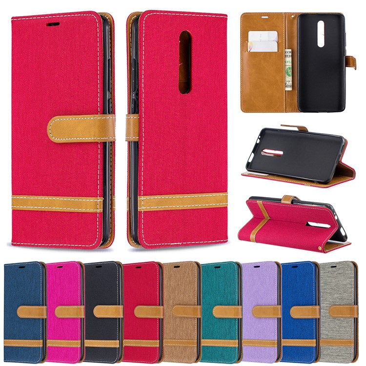 Color Splicing Jeans Cloth Skin Wallet Stand Leather Case for Xiaomi Redmi K20/Mi 9T/K20 Pro/Mi 9T Pro - Red-9